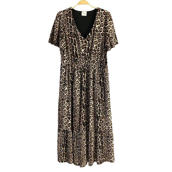 Siren Lily‎ Leopard Print Maxi Tiered Dress Women Size XL Brown Boho Lagenlook - Picture 1 of 12